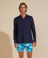 Men Linen Shirt Solid Navy front worn view