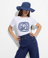 Großer Solid Baumwollhut für Damen – Vilebrequin x Ines de la Fressange Marineblau Vorderseite getragene Ansicht