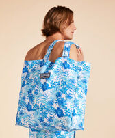 Borsa da spiaggia unisex in lino Tahiti Flowers Bianco vista frontale indossata