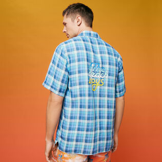 Men Bowling Shirt Checks - Vilebrequin x The Beach Boys Navy back worn view