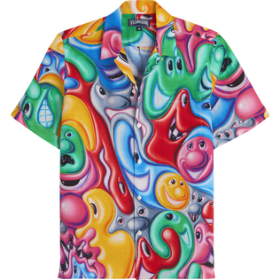 Men Bowling Shirt Linen Faces In Places - Vilebrequin x Kenny Scharf Multicolor front view