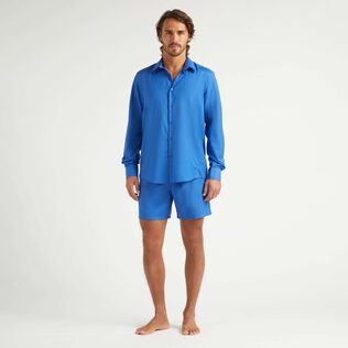 Men Wool Shirt Solid Blu mare vista frontale indossata