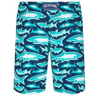 Men Long classic Printed - Men Long Swim Trunks Requins 3D, Navy back view
