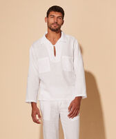 Men Linen Vareuse Shirt Solid White front worn view