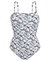 Women Crossed Back Straps One-piece Swimsuit Rainbow Birds White front view