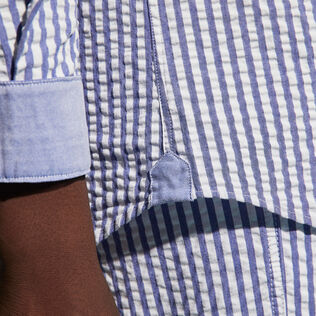 Camicia uomo a righe in seersucker Blu jeans dettagli vista 2