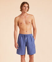 Men Linen Bermuda Shorts Cargo Pockets Storm front worn view