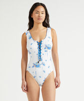 Bañador de una sola pieza con cordones y estampado Herbier para mujer Off white vista frontal desgastada