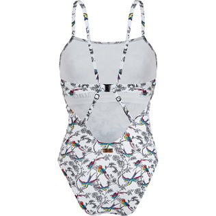 Women Crossed Back Straps One-piece Swimsuit Rainbow Birds White back view