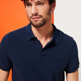Men Organic Cotton Pique Polo Shirt Solid Navy details view 2
