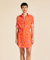 Chemisier donna in voile di cotone New Leopard Albicocca vista frontale indossata
