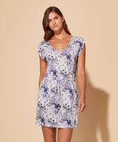 Women V Neckline Linen Short Dress Riviera Ink front worn view