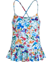Girls Skirt One-piece Swimsuit Happy Flowers White front view