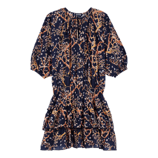 Kurzes Sweet Blossom Rüschenkleid aus Baumwolle für Damen Marineblau Vorderansicht