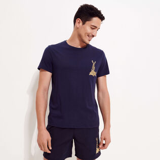 Hombre Autros Bordado - Camiseta de algodón con bordado The Year of the Rabbit para hombre, Azul marino vista frontal desgastada