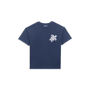 Camiseta de algodón orgánico con tortuga bordada para niño Azul marino vista frontal