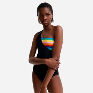 女士彩虹色束带式不对称连体泳衣 - Vilebrequin x JCC+ 合作款 - 限量版 Multicolor 正面穿戴视图