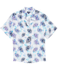 Donna Altri Stampato - Camicia donna in lino a maniche corte Flash Flowers, Purple blue vista frontale