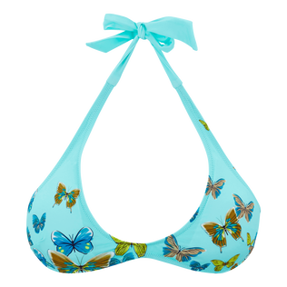 Women Rounded Printed - Women Rounded Neckline Bikini Top Butterflies, Lagoon front view