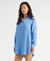 Chemisier donna in lino tinta unita Blu jeans vista frontale indossata