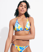 Top de bikini anudado alrededor del cuello con estampado Raiatea para mujer Sol vista frontal desgastada