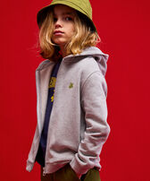 Boys Hooded Front Zip Sweatshirt Placed Embroidery Tortue Back Heather grey front worn view