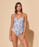 Bañador de una sola pieza con estampado Isadora Fish para mujer Blanco vista frontal desgastada
