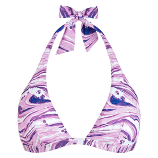 Top de bikini anudado alrededor del cuello con estampado Wave para mujer - Vilebrequin x Maison Kitsuné Lila vista frontal