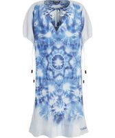 Vestido de corte cuadrado en gasa de algodón orgánico con estampado Tie &amp; Dye para mujer - Vilebrequin x Angelo Tarlazzi Azul neptuno vista frontal