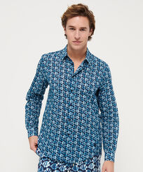 Hombre Autros Estampado - Camisa de verano unisex en gasa de algodón con estampado Batik Fishes, Azul marino vista frontal desgastada
