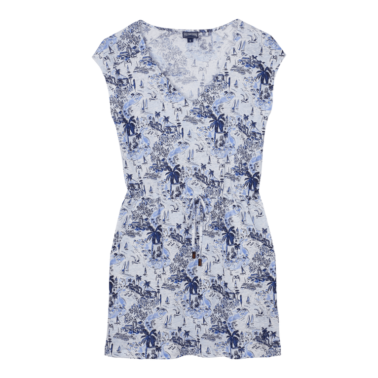 Vestido Corto De Lino Con Escote De Pico Y Estampado Riviera Para Mujer - Vestido - Fairway - Azul