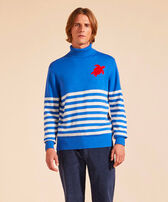 Men Striped Cotton and Cashmere Turtleneck Pullover Jacquard Tortue Sea blue front worn view