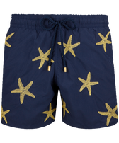 Men Swim Trunks Placed Gold Embroidery Starfish Dance - Limited Edition Navy front view