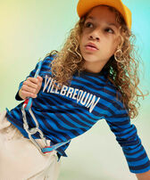 Boys Organic Cotton Long Sleeve Striped T-shirt Logo Navy front worn view