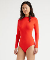 Bañador térmico de una pieza con protección UV y estampado Jacquard Vichy para mujer Amapola vista frontal desgastada