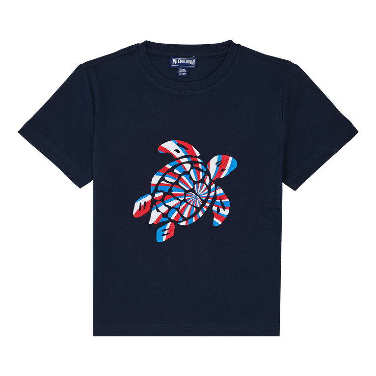 T-shirt En Coton Organique Garçon Tortue Tricolore Brodée - Thomy - Bleu