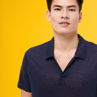 Men Linen Jersey Polo Solid Navy details view 1
