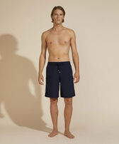 Men Long Swim Shorts Solid Navy front worn view