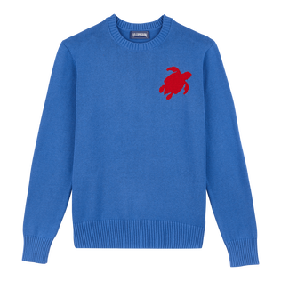 Men Cotton and Cashmere Crewneck Sweater Turtle Sea blue front view