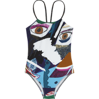 Bañador de una sola pieza con estampado Envoûtement para niña - Vilebrequin x Deux Femmes Noires Purple blue vista frontal