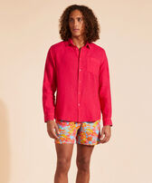 Men Linen Shirt Solid Gooseberry red 正面穿戴视图