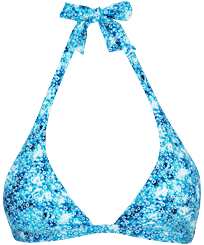 Top de bikini anudado al cuello con estampado Flowers Tie & Dye para mujer Azul marino vista frontal