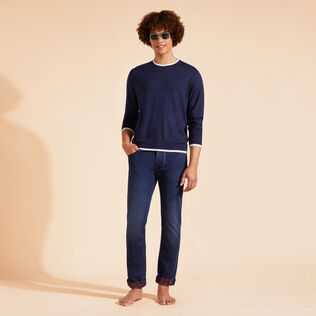 Men Merino Wool Cashmere Silk Crewneck Sweater Marineblau Details Ansicht 1