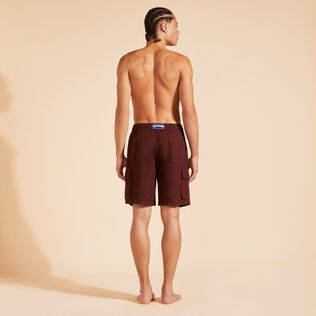 Men Linen Bermuda Shorts Cargo Pockets Mahogany back worn view