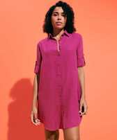 Women Linen Shirt Dress Solid Crimson purple front worn view