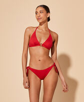 Top de bikini anudado alrededor del cuello con estampado Plumetis para mujer Moulin rouge vista frontal desgastada