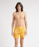 Men Stretch Short Swim Shorts Flat Belt Palm Leaves Mango front worn view