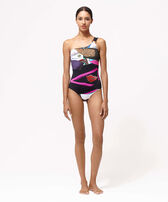 Women One-piece asymmetric Swimsuit Passion - Vilebrequin x Deux Femmes Noires Black front worn view