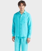 Men Linen Shirt Solid Disco green front worn view