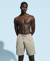 Men Linen Bermuda Shorts Cargo Pockets Safari front worn view